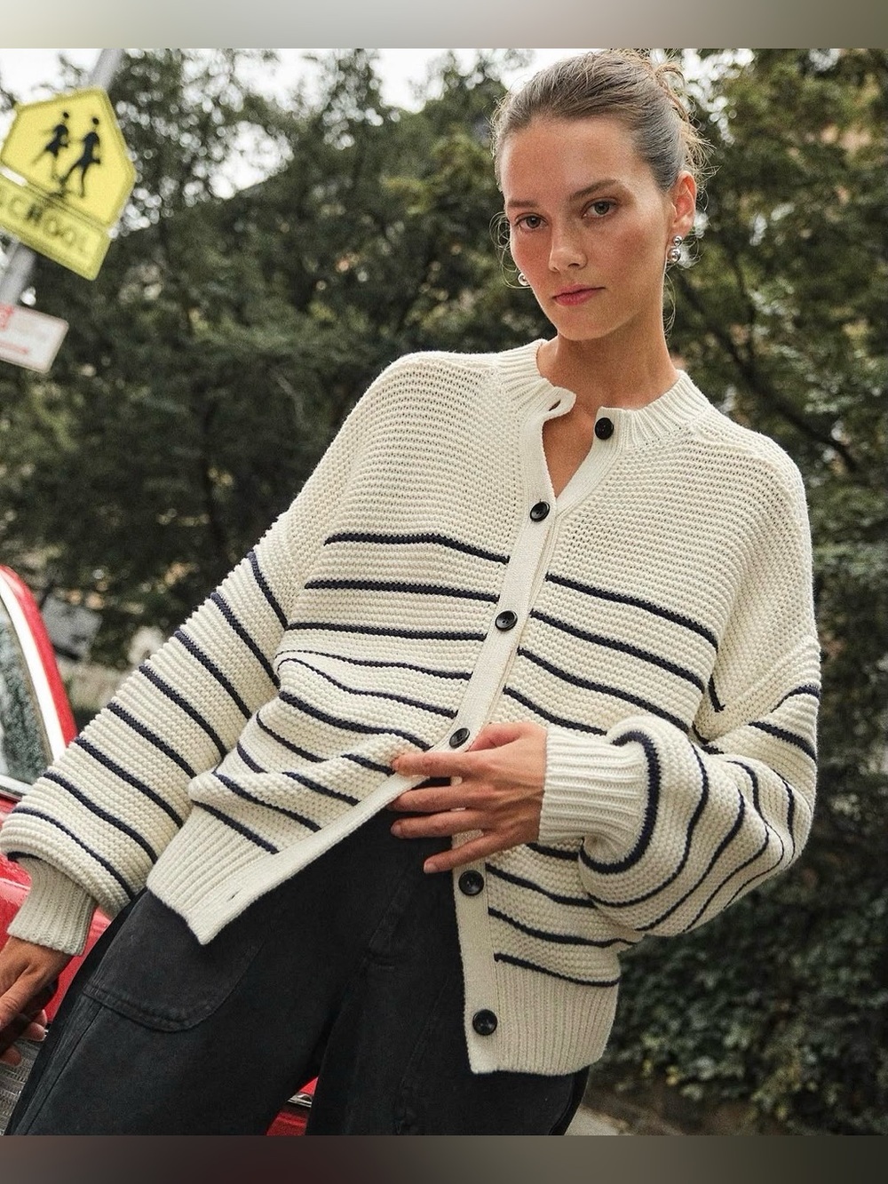 Alex Mill Striped Button Back Crewneck Sweater Oversized Cotton Size M